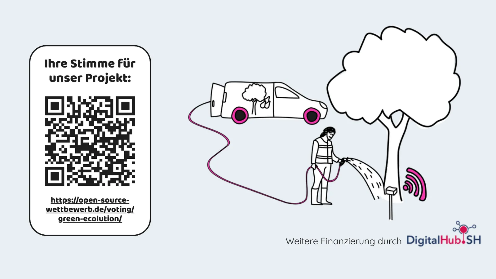 Ausschnitt aus der Bewerbung mit dem QR-Code zum Voting und einer Illustration, in der eine Person einen Baum mit Funksensor gießt