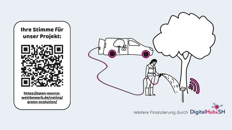 Ausschnitt aus der Bewerbung mit dem QR-Code zum Voting und einer Illustration, in der eine Person einen Baum mit Funksensor gießt