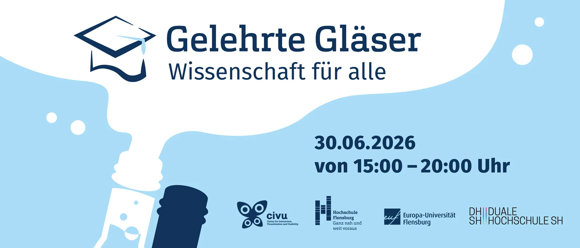 Banner der Gelehrten Gläser 2026 mit dem Motto Wissenschaft für alle, dem Termin 30. Juni 2026 und den Logos der beteiligten Hochschulen