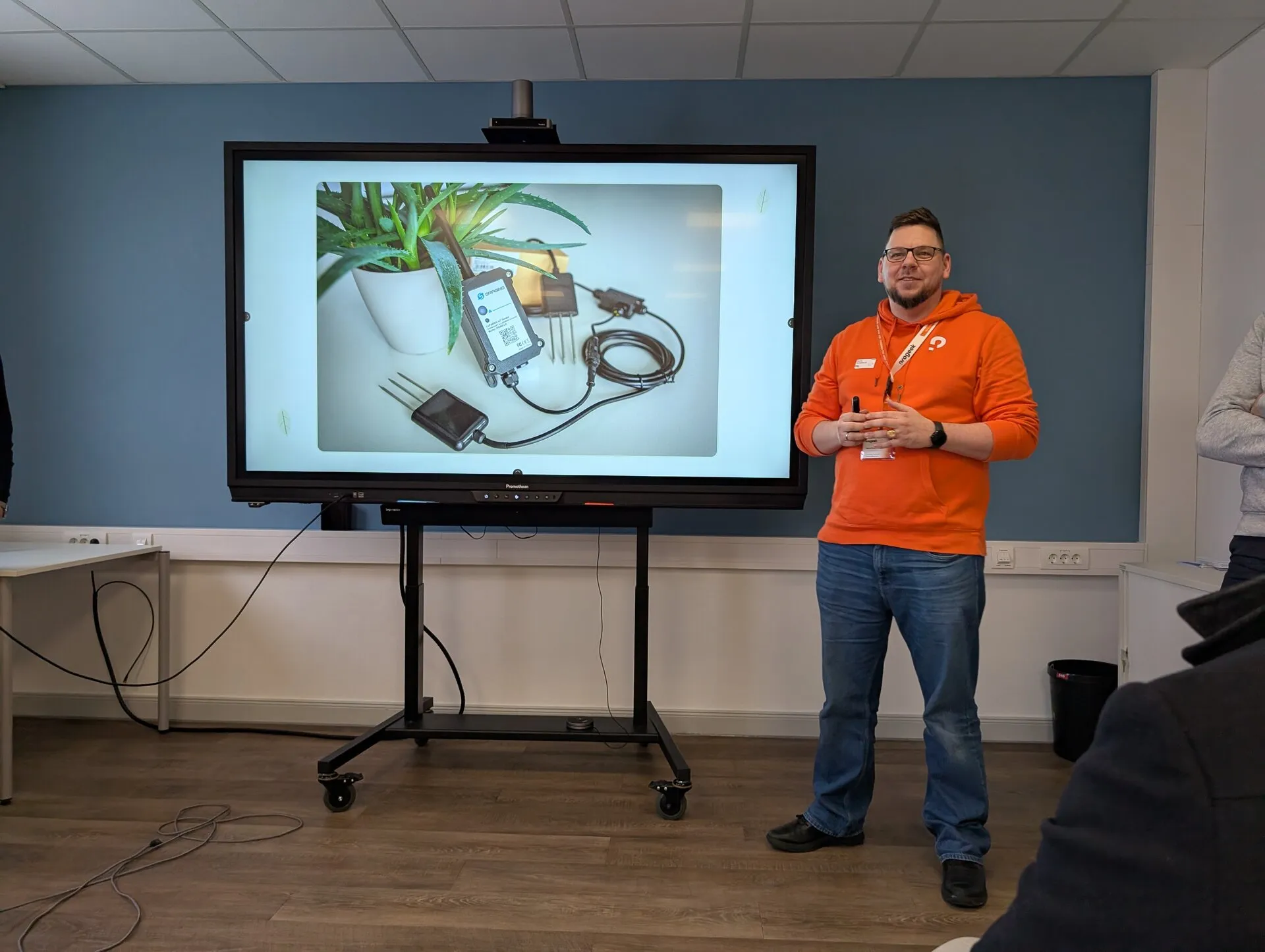 The hardware side of the project: a soil moisture sensor with its LoRaWAN radio unit