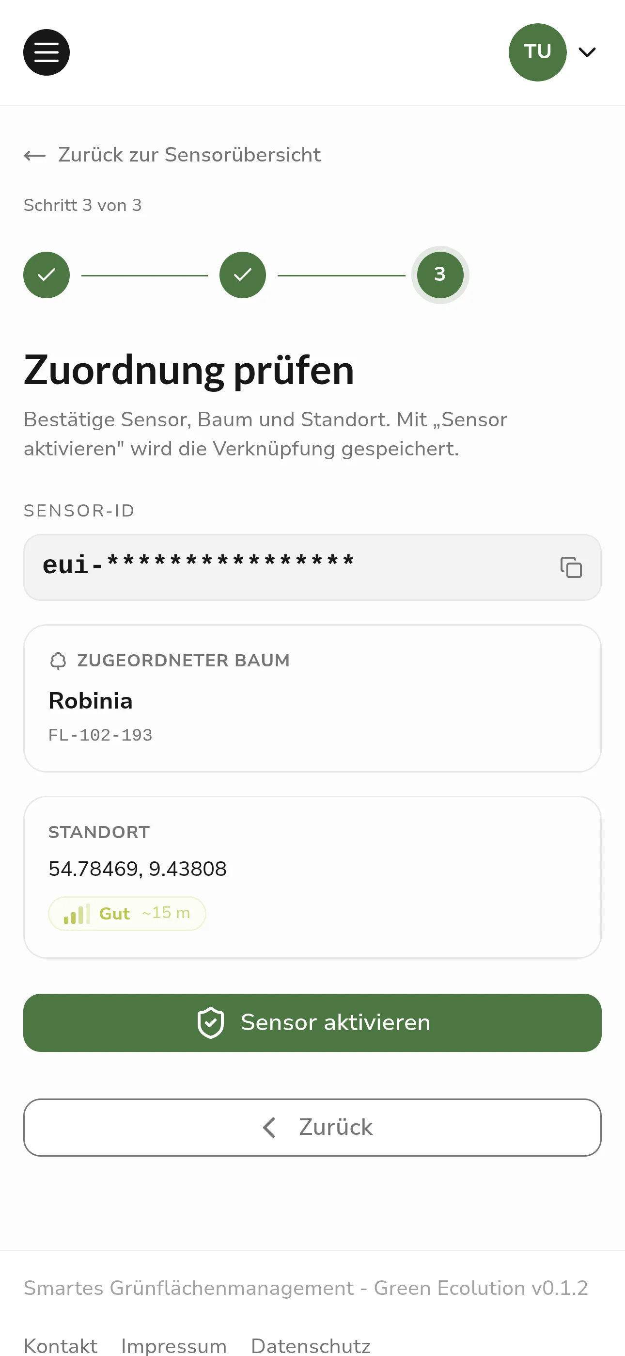 Schritt 3: Zuordnung prüfen und Sensor aktivieren
