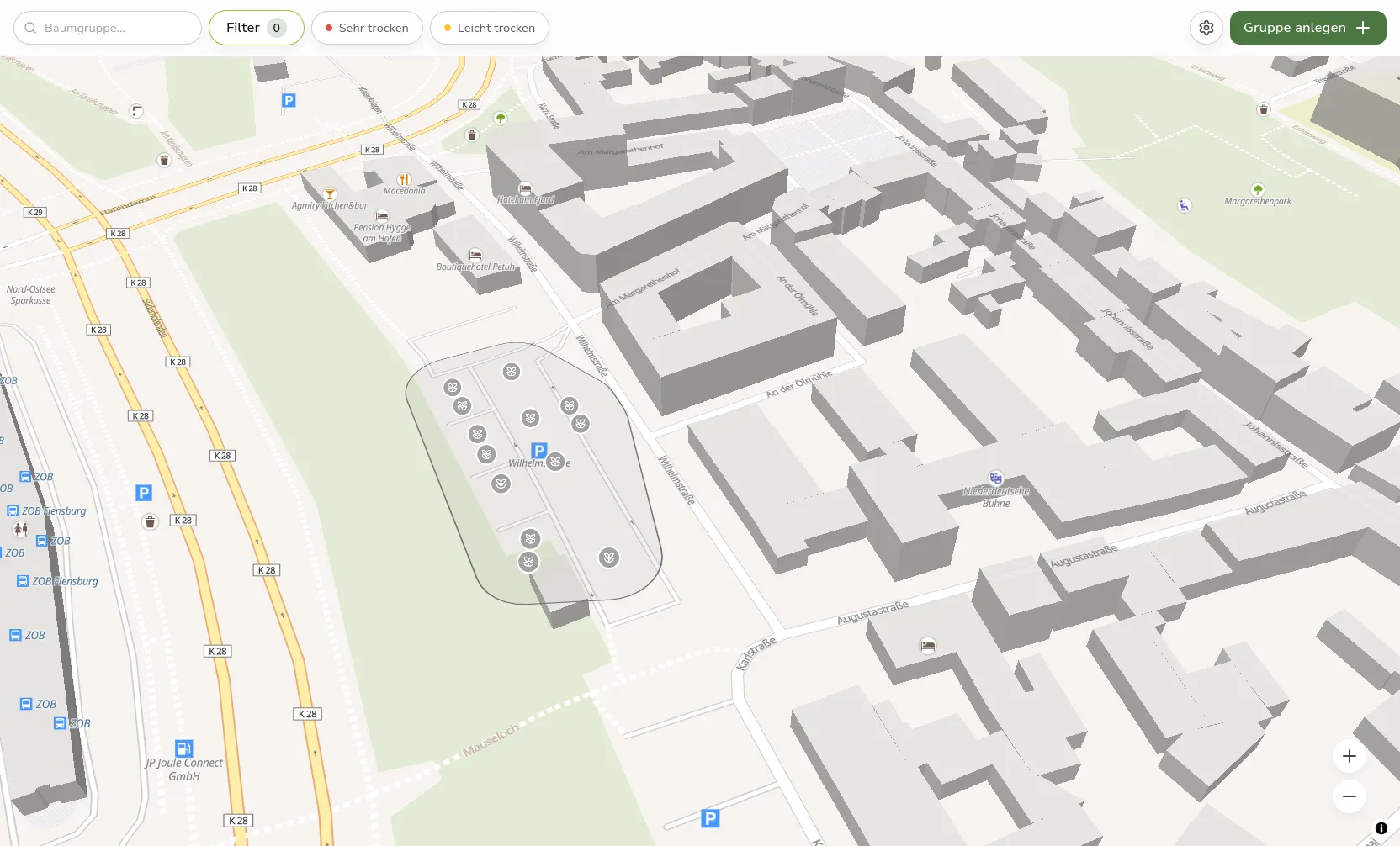 Hereingezoomte Kartenansicht mit einzelnen Bäumen und der Umrandung ihrer Bewässerungsgruppe