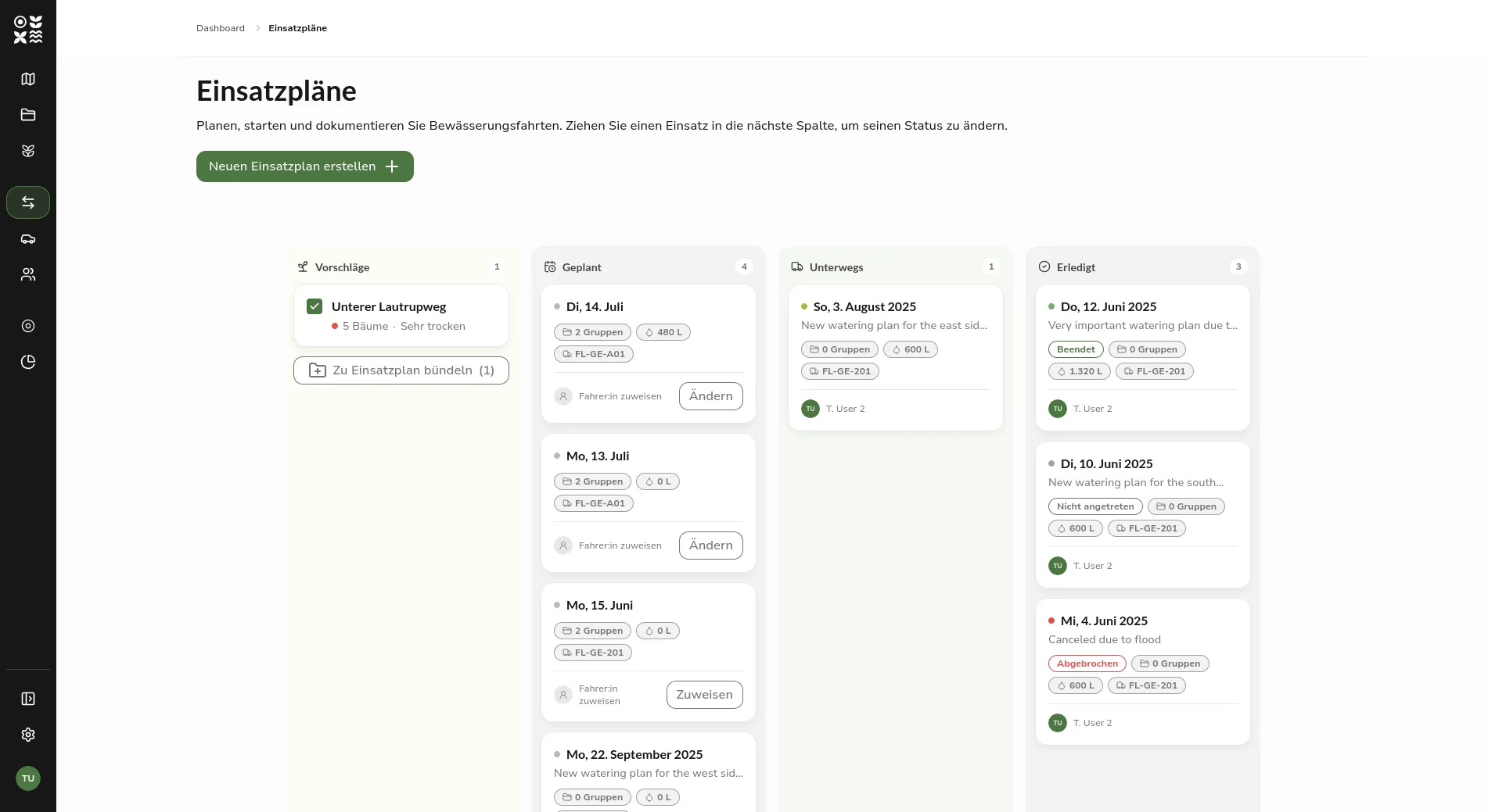 Das neue Kanban-Board der Einsatzplanung mit den Spalten Vorschläge, Geplant, Unterwegs und Erledigt