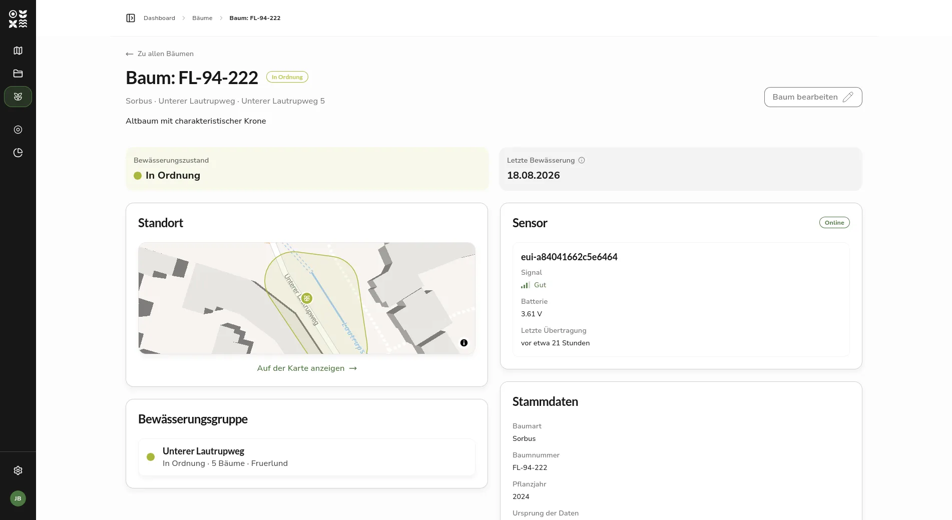Detailseite eines Baums mit Bewässerungszustand, Datum der letzten Bewässerung und den Karten für Standort, Bewässerungsgruppe, Sensor und Stammdaten