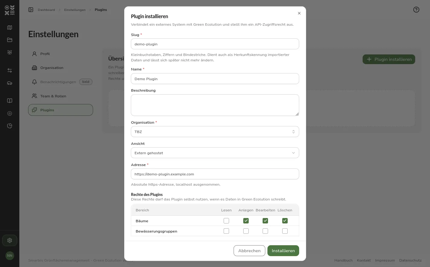 Der Installationsdialog eines Plugins mit Slug, Name, Organisation, extern gehosteter Adresse und der Rechtematrix des Plugins